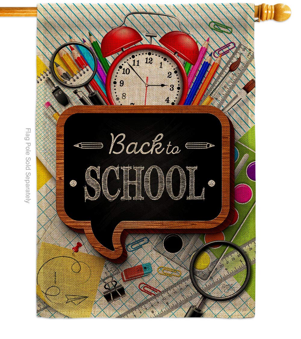 Breeze Decor School Time Burlap House Flag - Double-Sided Back to School Decoration for Teachers & Students, First Day of School Supplies, Classroom & Yard Banner, Made in USA - Perfect for School Events, Classroom Decor & Garden Gifts
