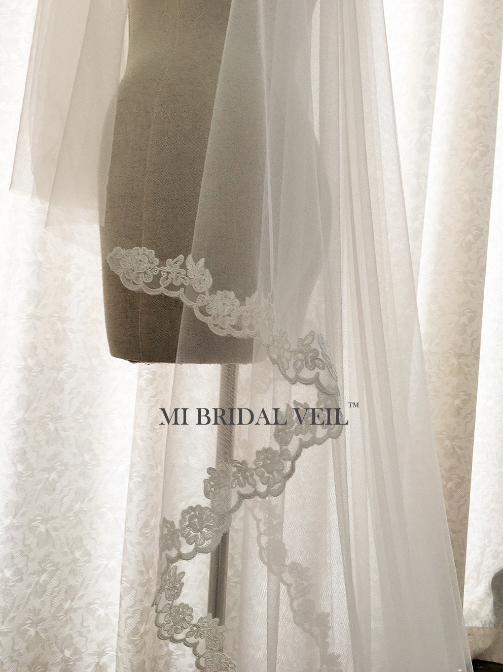 Elegant Cathedral Lace Wedding Veil with Blusher | Fingertip Length Lace Bridal Veil | Perfect for Church Weddings & Formal Ceremonies