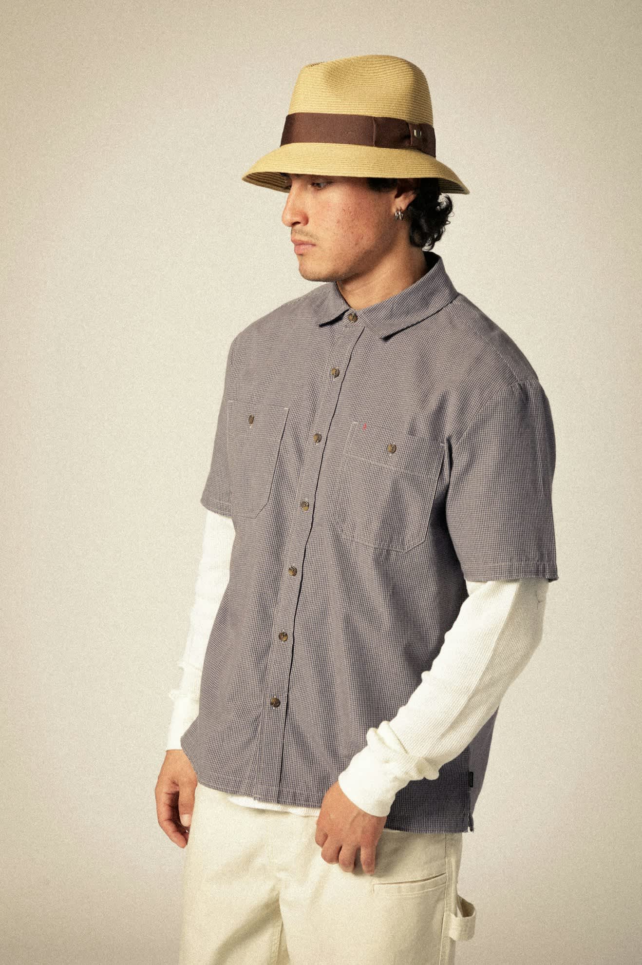 CRU Micro Plaid Relaxed Short Sleeve Shirt for Men - Washed Navy Blue Checkered Casual Shirt | Perfect for Summer Outfits, Beach Wear & Casual Office Attire