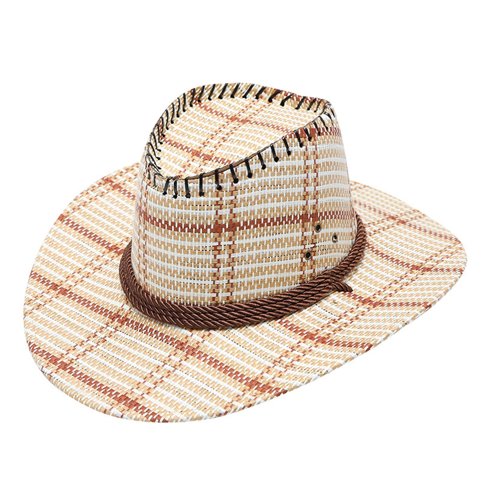 Stylish Western Plaid Print Cowboy Sun Hat for Women & Men - Wide Brim Straw Rancher Hat for Summer Travel, Beach, Outdoor Adventures & Country Music Festivals