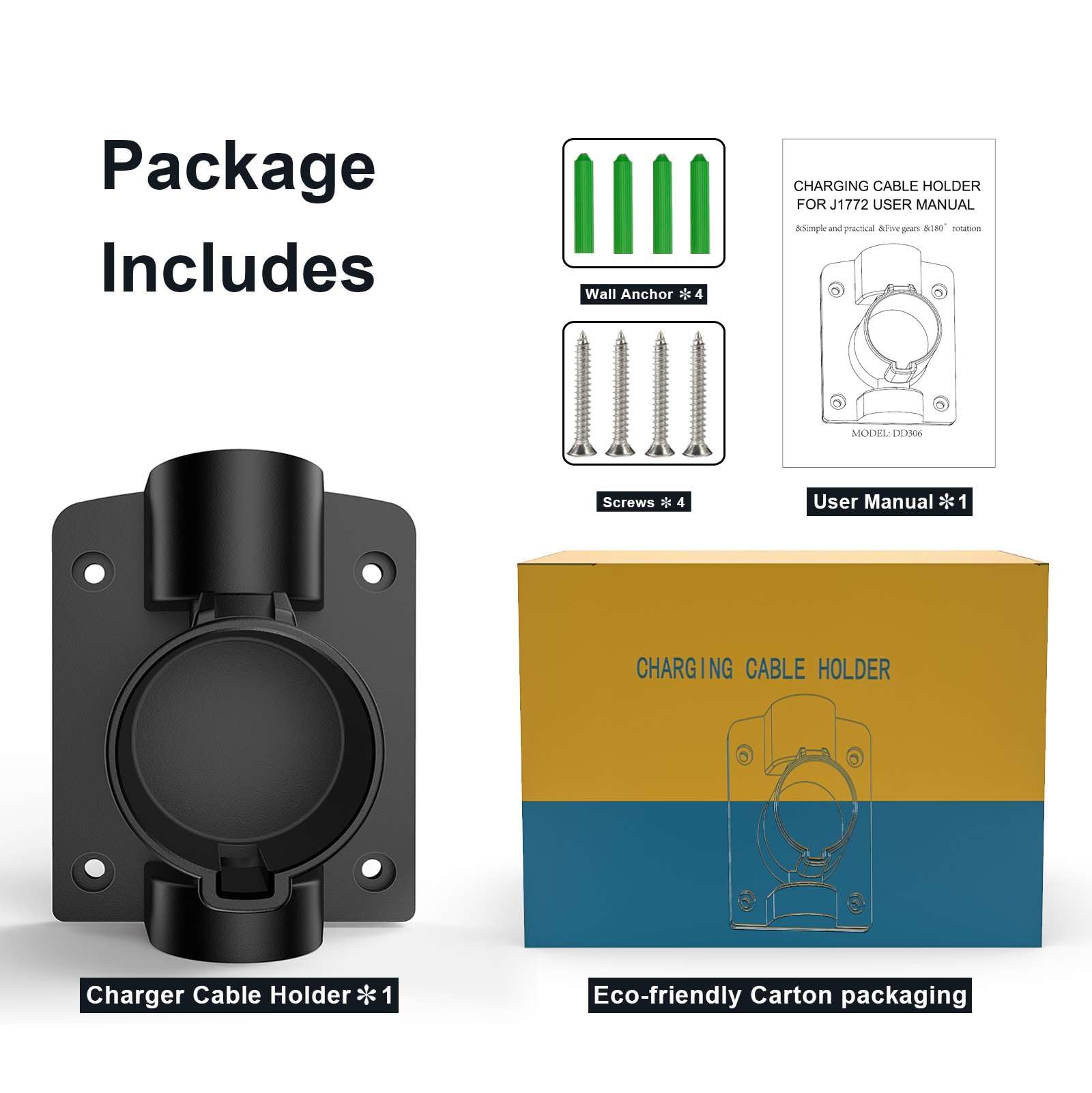 180° Swivel EV Charger Holder Wall Mount - J1772 Charger Nozzle Holster Dock with Rotatable Design for All J1772 Electric Vehicles - Perfect for Home, Garage & Public Charging Stations