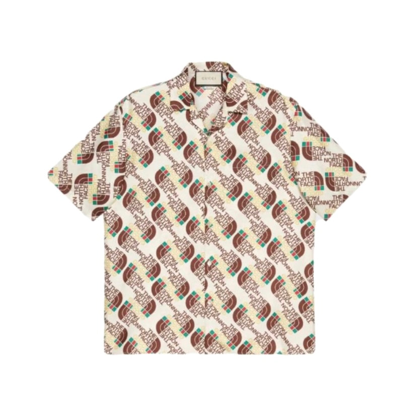 Gucci x The North Face Hawaiian Silk Shirt for Men - White Multi Color Floral Print Short Sleeve Shirt | Beach Vacation, Summer Party & Casual Wear