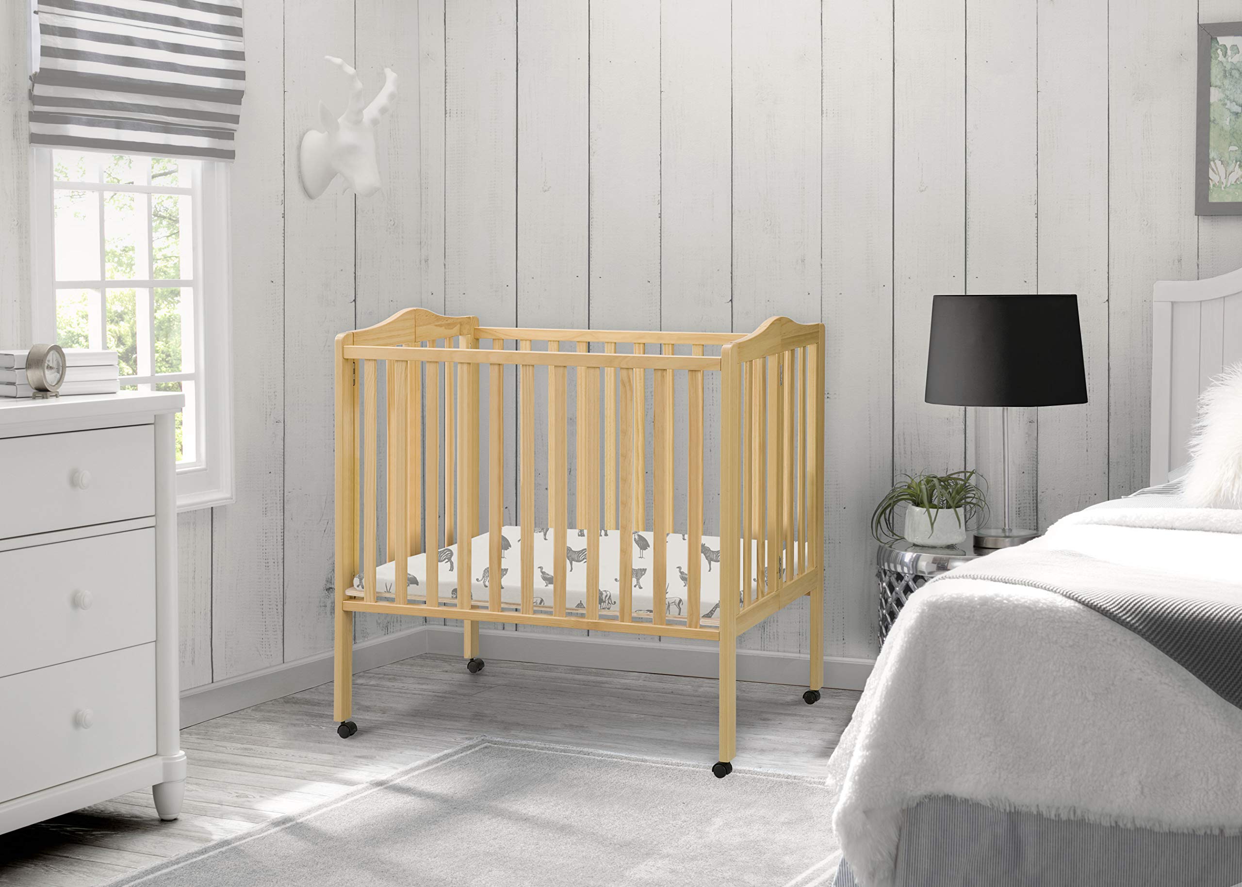 Delta Children Folding Portable Mini Baby Crib with 1.5-inch Mattress - Greenguard Gold Certified, Natural - Perfect for Travel, Nursery & Small Spaces