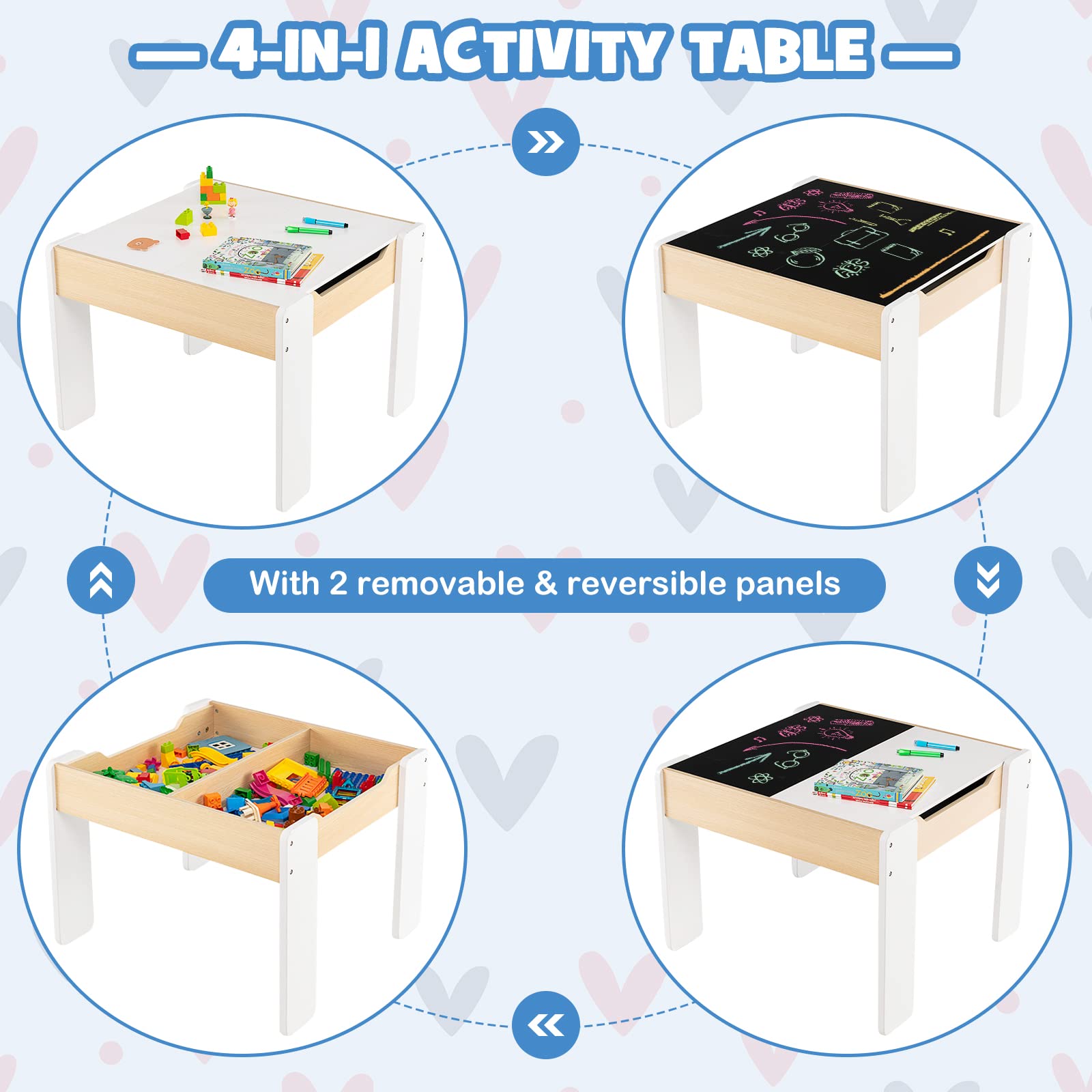 HONEY JOY 4-in-1 Kids Wooden Table and Chair Set with Storage - 2 Chairs, Reversible Blackboard & Activity Table for Art, Crafts, Learning - Toddler Furniture Gift for Boys & Girls (White) - Perfect for Playrooms, Preschools & Home Learning Spaces