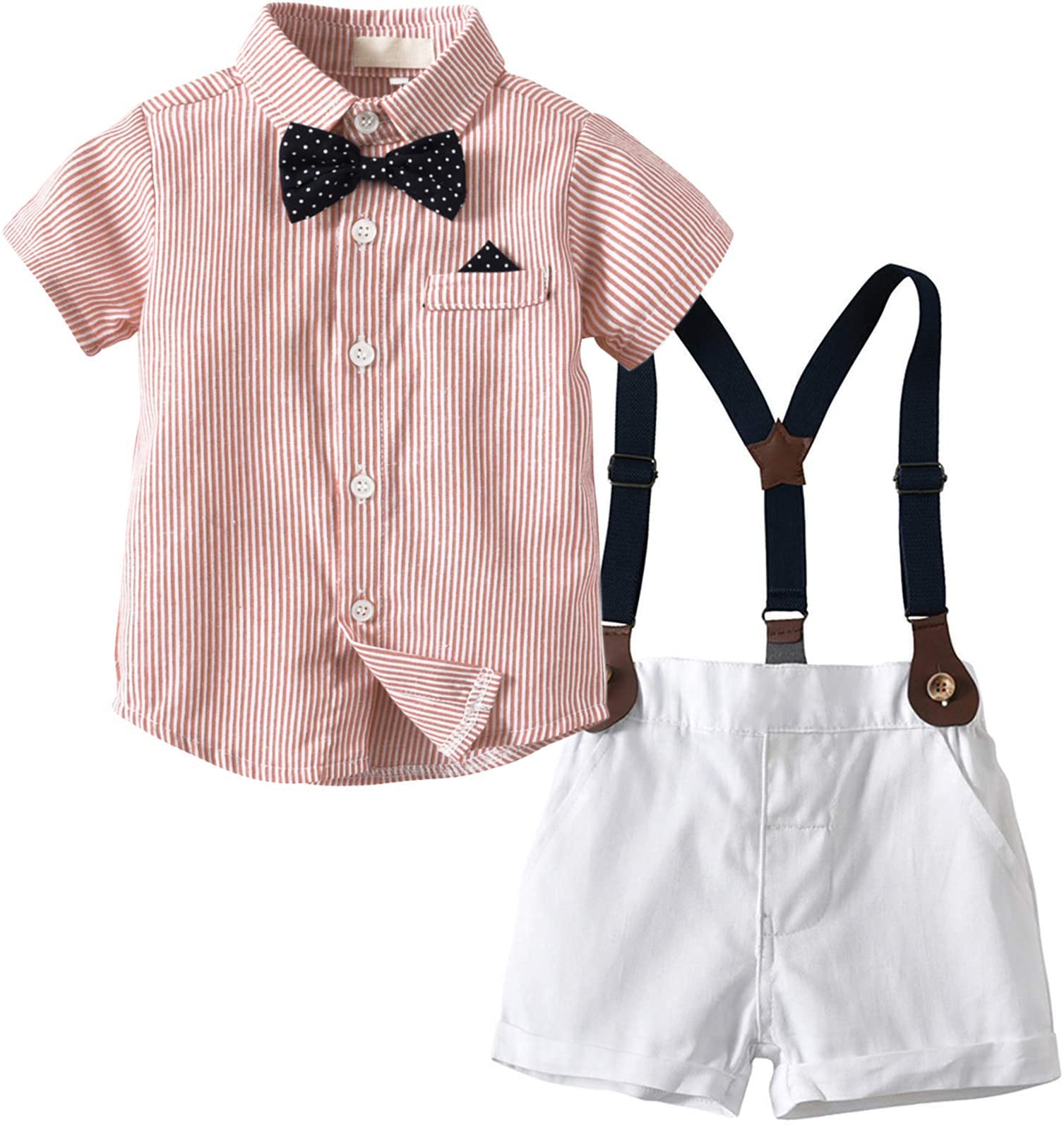Stylish Baby Boys Summer Outfit - Short Sleeve Bowtie Shirt & Suspenders Shorts Set (3M-9Y) | Perfect for Parties, Photos & Special Occasions
