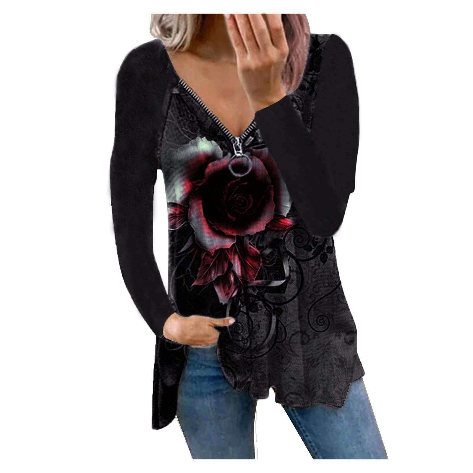 Women's Long Sleeve V-Neck T-Shirts - Solid Color & Floral Print Blouses, Casual Tunic Tops for Work, Date Night and Everyday Wear