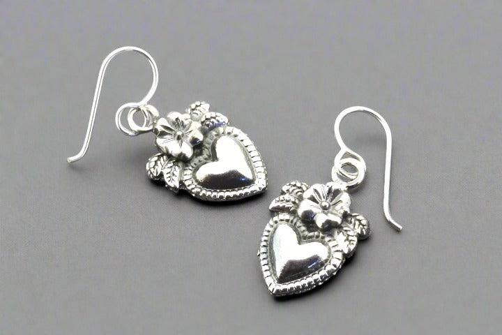 Heart & Flower Drop Earrings - Sterling Silver Dangle Earrings for Women, Elegant Gift for Valentine's Day, Anniversary or Special Occasion
