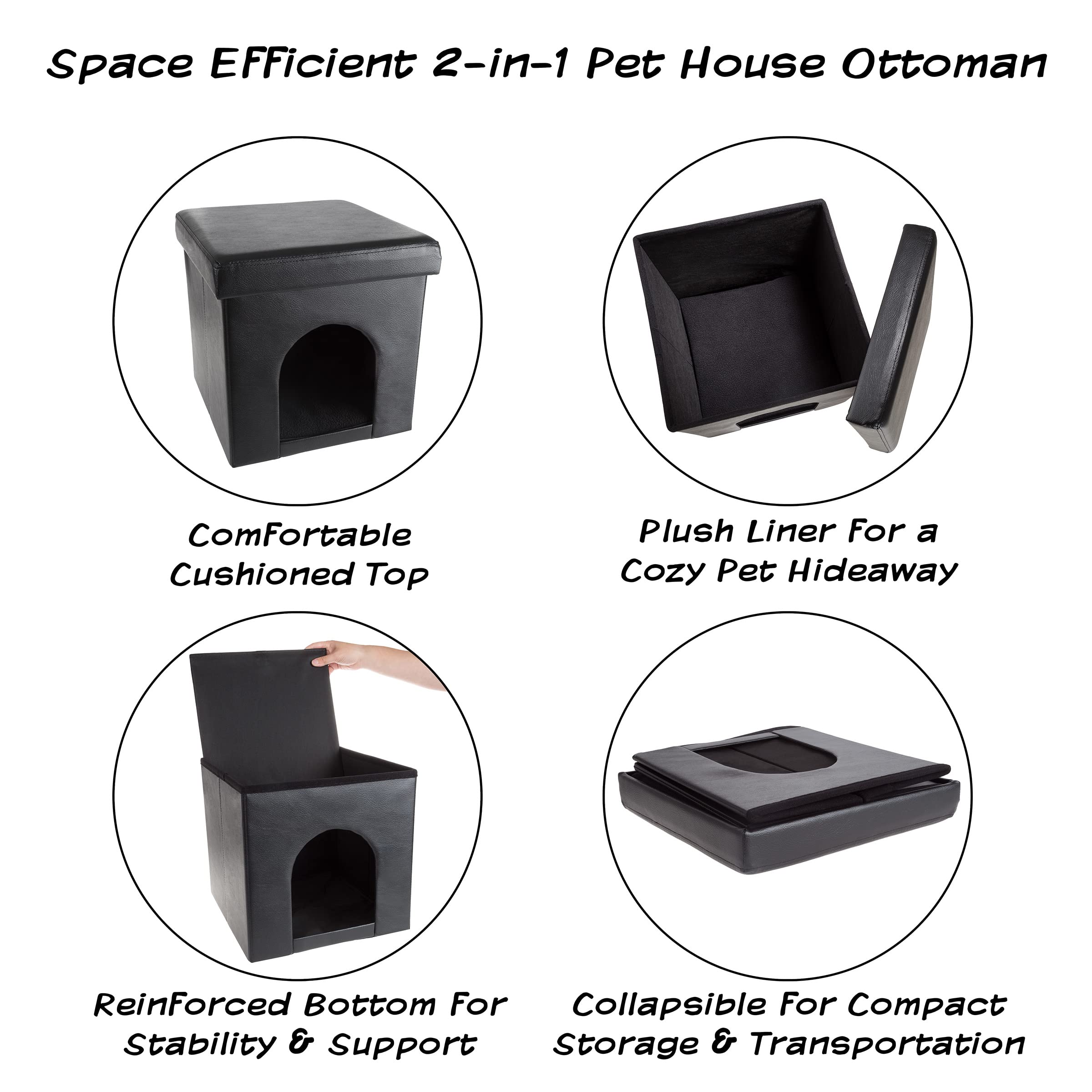 PETMAKER Collapsible Cat House & Dog Ottoman - Soft Cushioned Pet Bed with Footrest & Removable Pillow for Small Cats & Dogs - Perfect for Living Room, Bedroom & Office (Black)
