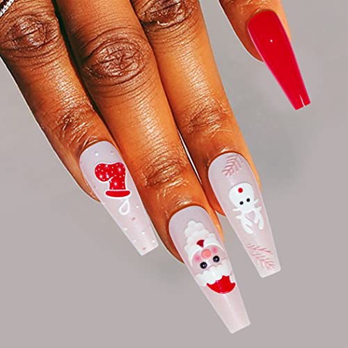 Festive Santa Deer Christmas Press-On Nails - 24Pcs Long Coffin Glossy Red Fake Nails with Xmas Ballerina Design - Acrylic False Nails for Women & Girls - Perfect for Holiday Parties, Gift Giving & Festive Nail Art (Style E)