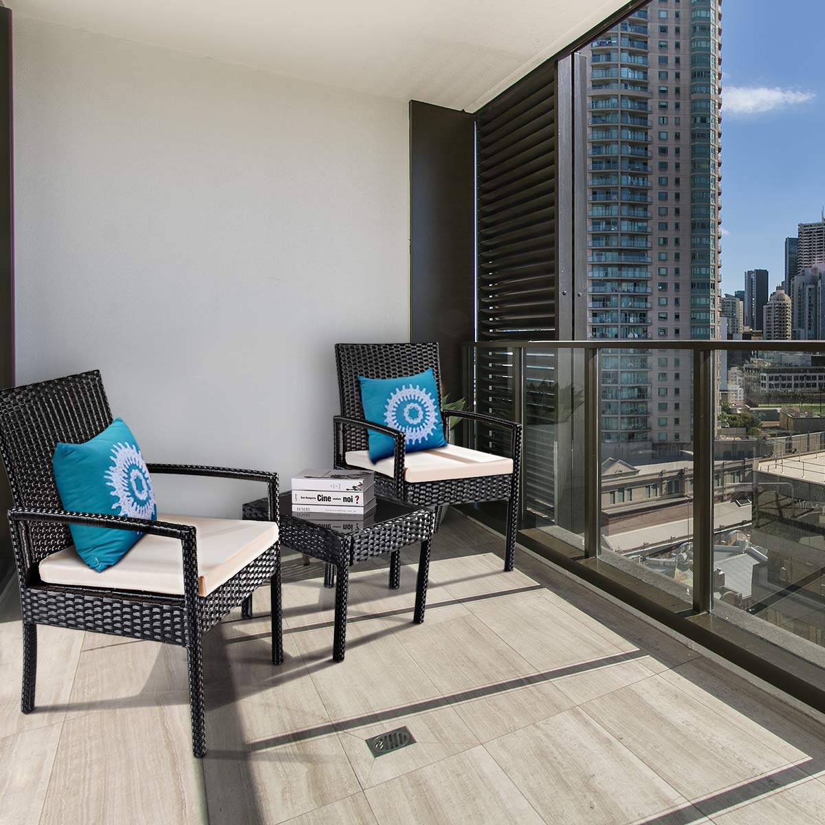 Goplus 3-Piece Wicker Patio Conversation Set with Tempered Glass Tabletop - Outdoor Rattan Sofa Set for Garden, Backyard, Balcony & Poolside Relaxation