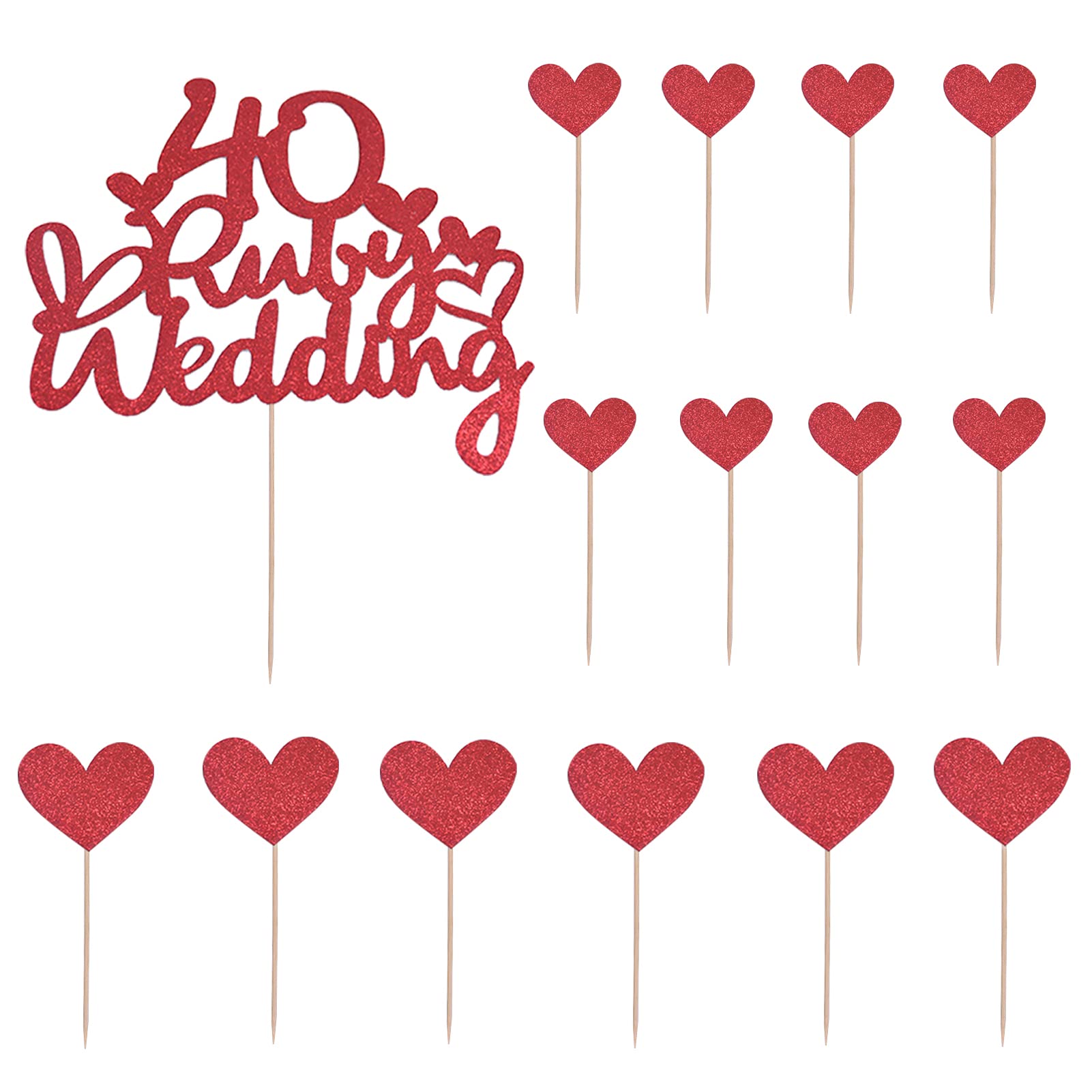 40th Wedding Anniversary Cake Topper Set - Ruby Red Glitter Cake Decorations with 14 Heart Toppers for 40 Year Celebration Party Supplies | Perfect for Anniversary Cakes, Dessert Tables & Wedding Receptions