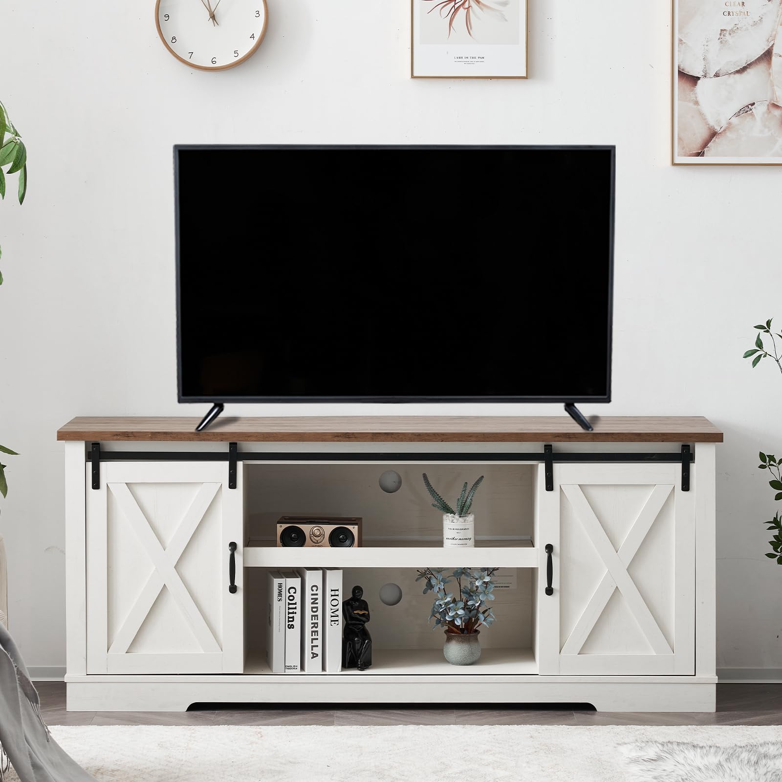 AMERLIFE 66 Inch Farmhouse TV Stand for 75 Inch TVs - Rustic Entertainment Center with Sliding Barn Doors, Adjustable Shelves & Leveling Feet - Distressed White Console Table with Storage - Perfect for Living Room, Home Theater & Rustic Decor