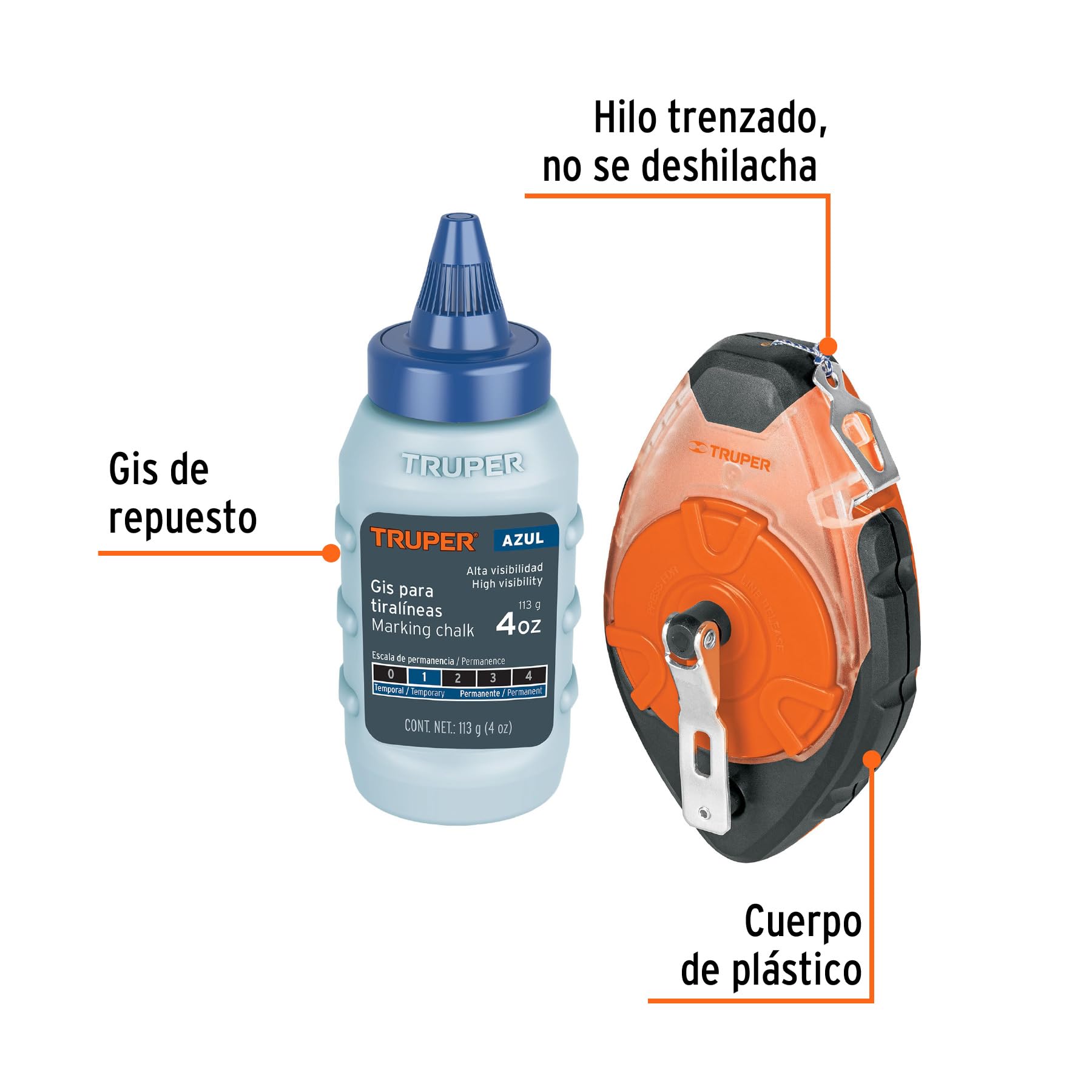 TRUPER TL-100 100 ft (30 m) Professional Chalk Line Reel Kit with Durable Plastic Case & Bright Chalk - Perfect for Construction, Carpentry, and DIY Home Projects