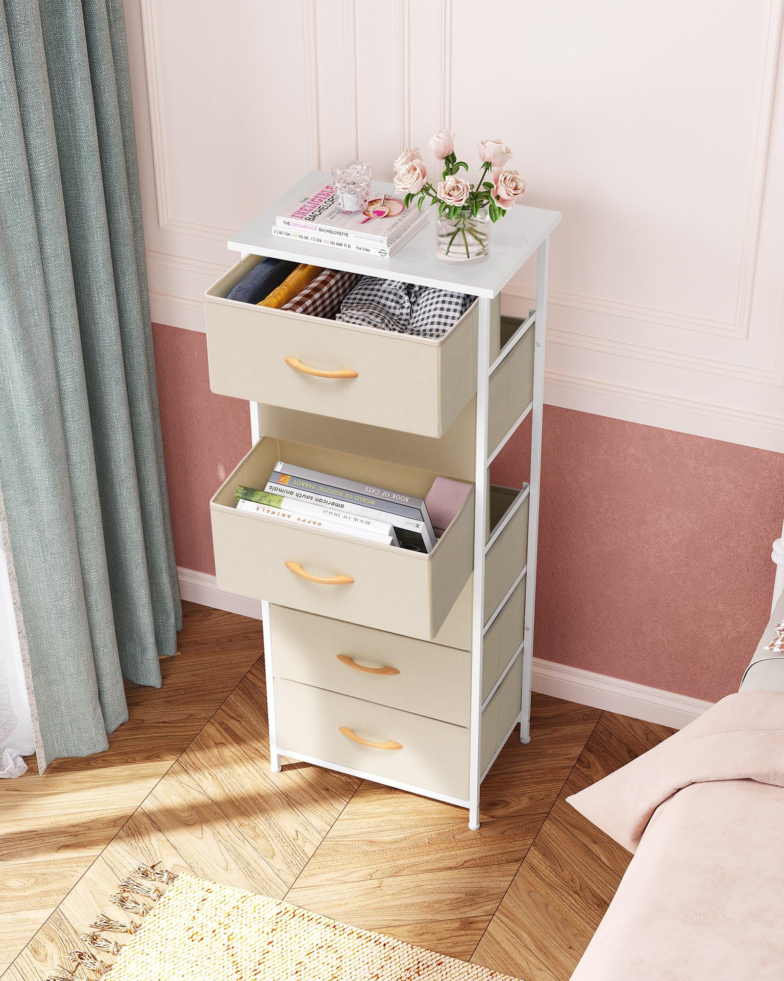 Crestlive 6-Drawer Tall Dresser for Closet - Vertical Storage Tower with Sturdy Steel Frame & Wood Top | Easy Pull Fabric Bin Handles | Bedroom, Hallway & Entryway Organizer | Perfect for Small Spaces & Apartment Living (Beige)