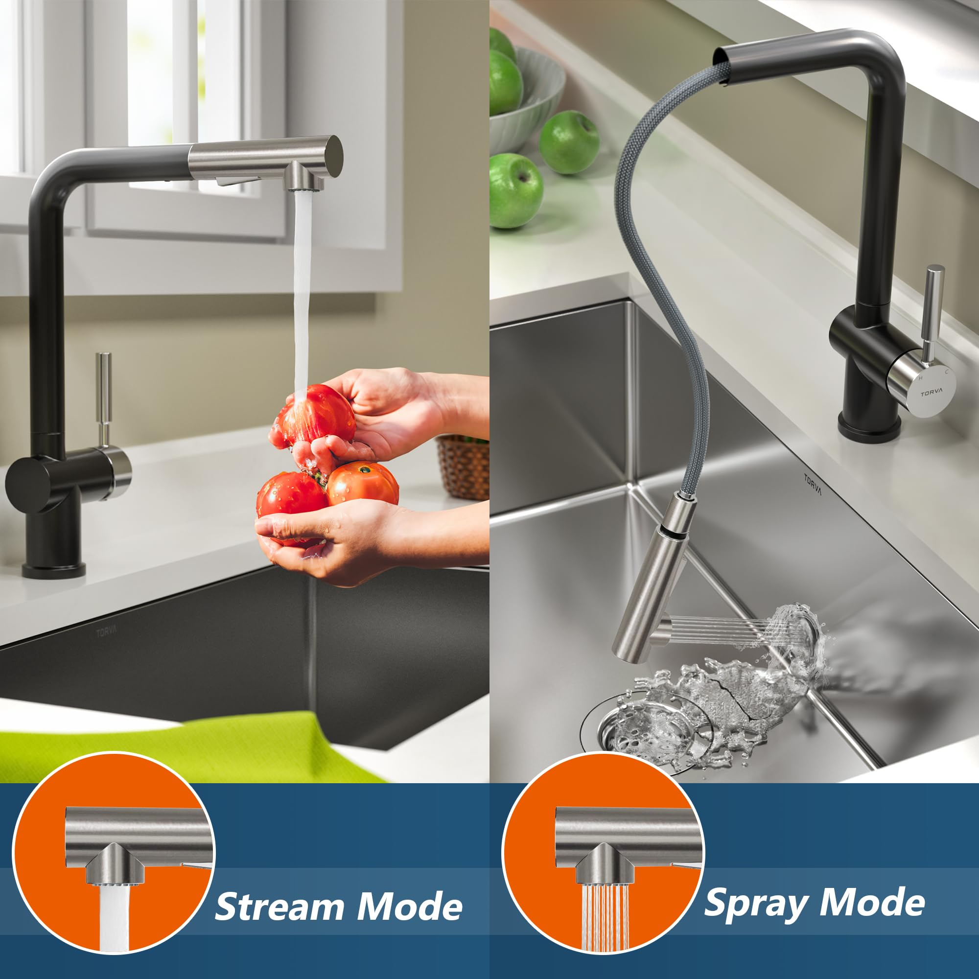 TORVA Stainless Steel Pull Down Kitchen Faucet with Pull Out Sprayer - Single Handle Deck Plate in Matte Black & Chrome | Modern Sink Faucet for Home & Commercial Kitchens