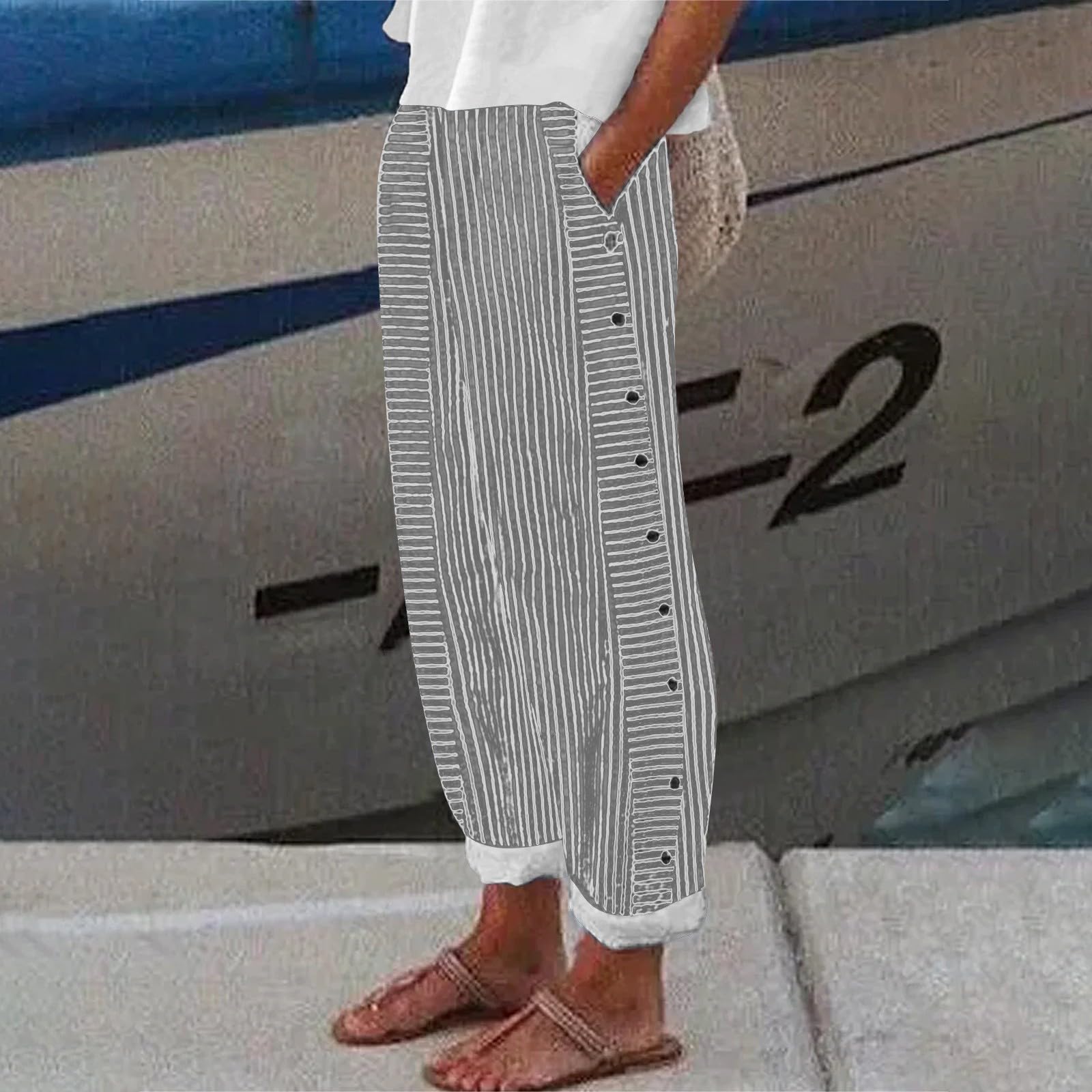 Women's Striped Linen Pants - High Waisted Straight Leg Summer Beach Capris | Breathable Cotton Linen Trousers for Casual Wear, Vacation & Boho Style Outfits