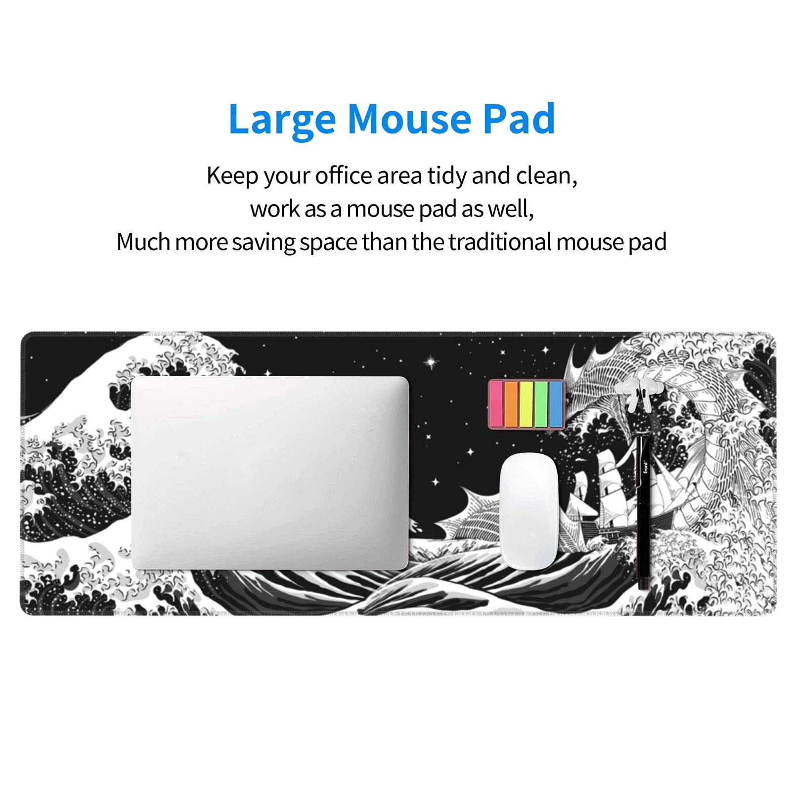 Japanese Waves & Sea Dragon Gaming Mouse Pad - Black & White XL Extended Large Mouse Mat (31.5