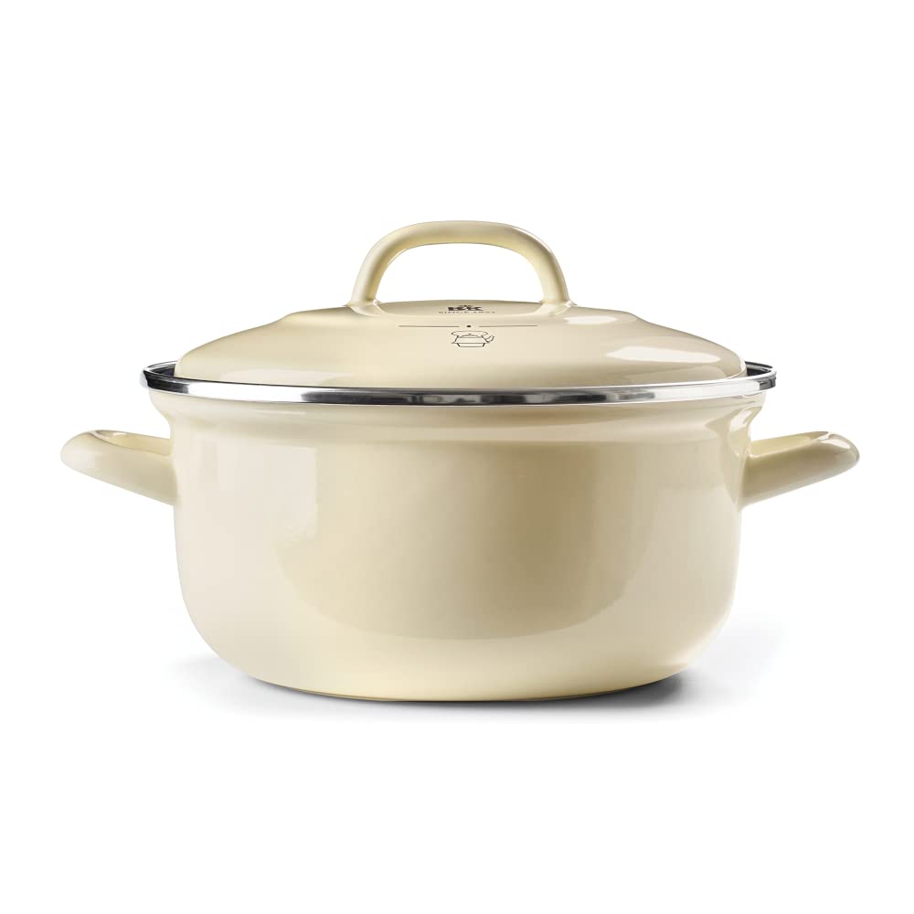 BK Indigo Dutch Heritage Round German Enameled Casserole Pot with Lid - PFAS-Free Ceramic Non-Stick Coating, 26cm/5.2L, Induction, Dishwasher & Oven Safe, Cream - Perfect for Soups, Stews & Baking