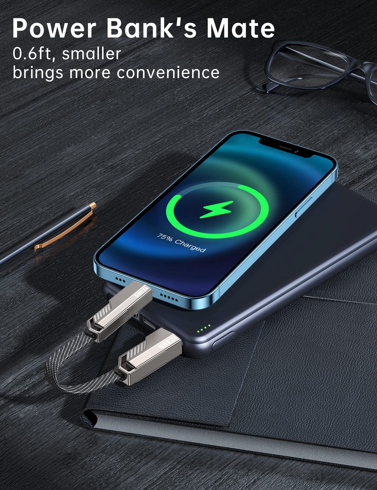 4-in-1 Short USB C Cable 0.6FT - MFI Certified Lightning Cable for iPhone iPad [Fast Charging & Data Sync] - Durable Flat Braided Charger Cord with Lightning/USB-C/USB-A Ports - Perfect for Home, Office & Travel Charging Needs