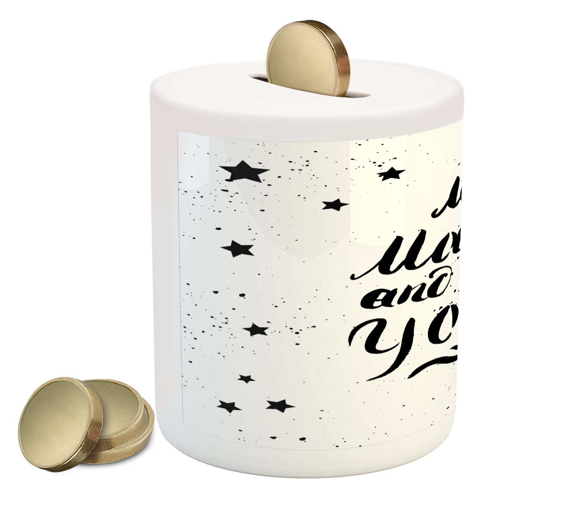 Ambesonne Ceramic Piggy Bank with Moon & Stars Design - Modern Calligraphy Money Box for Cash Saving, Inspirational Gift for Teens & Adults | Perfect for Home Decor, Office, or Birthday Presents