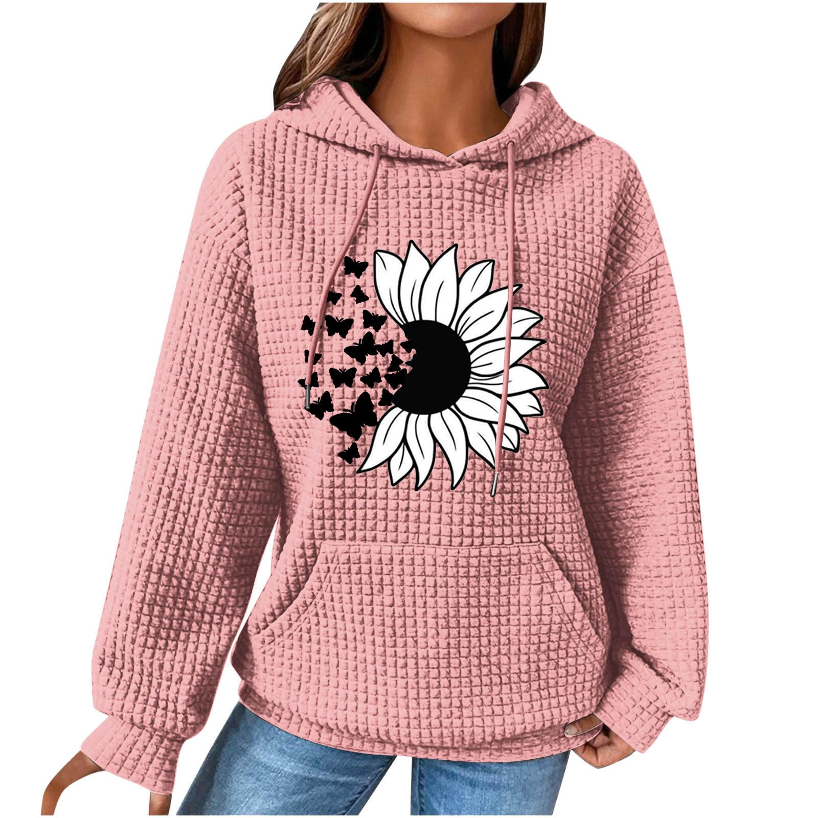Women's Waffle Knit Hooded Sweatshirt - Cute Butterfly Print Drawstring Pullover for Gym, Workout & Casual Wear | Soft Fleece Loungewear for Women | Perfect for Yoga, Running & Everyday Fashion