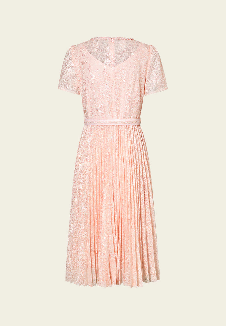 Embellished Trim Sequin Detail Lace Dress - Elegant Party Gown for Weddings, Prom & Evening Events