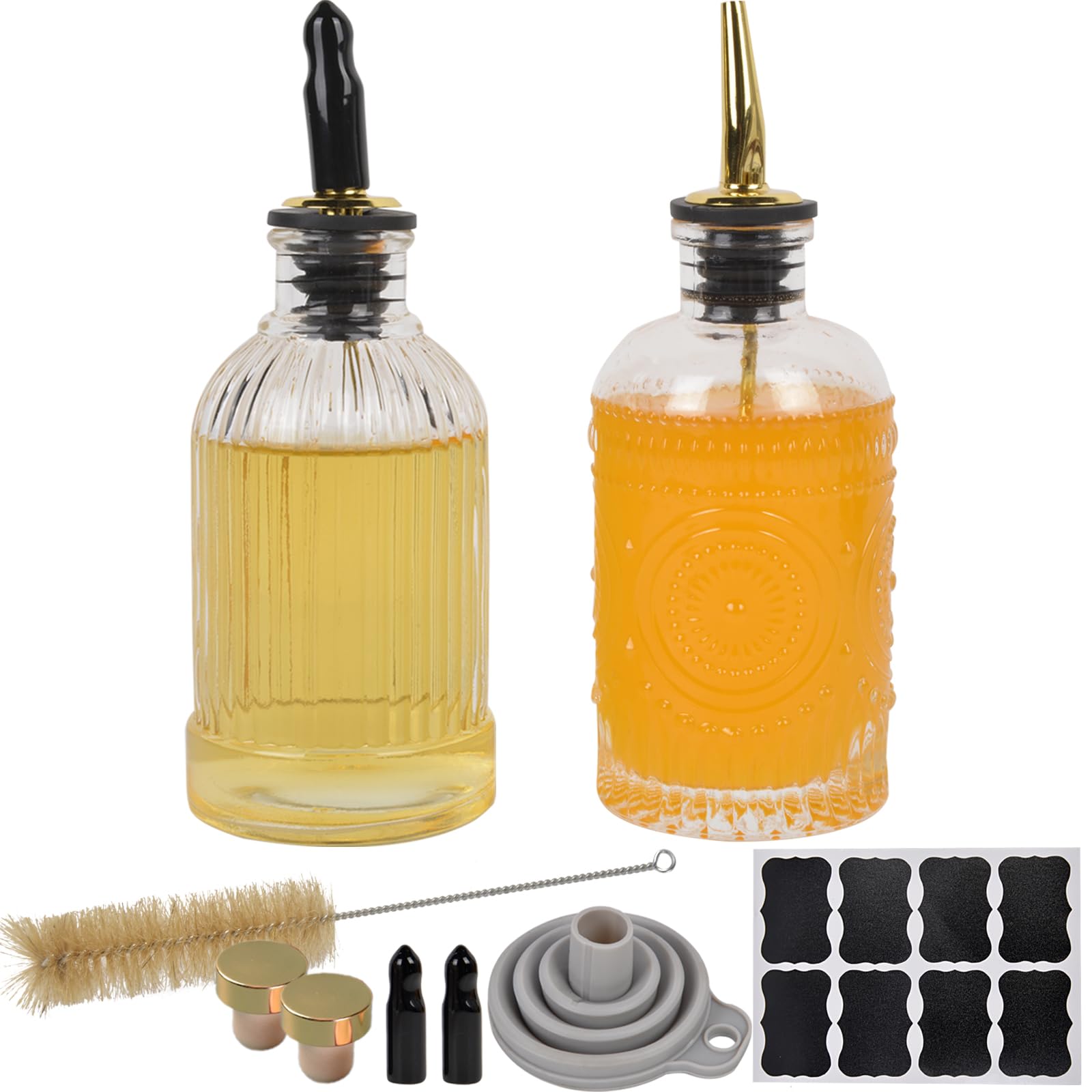 ChezMax 7 oz Glass Coffee Syrup Dispenser Bottles with Metal Pour Spout - 2 Pack Barista Accessories for Coffee, Cocktails & Dessert Toppings | Perfect for Home Bar, Cafe & Kitchen Use