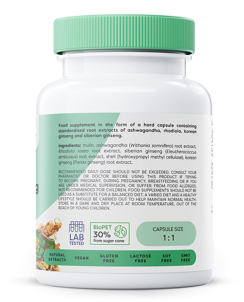 Organic Ashwagandha + Rhodiola & Ginseng Supplement - 60 Vegan Capsules for Stress Relief, Energy Boost & Immune Support - Perfect for Daily Wellness & Workout Recovery