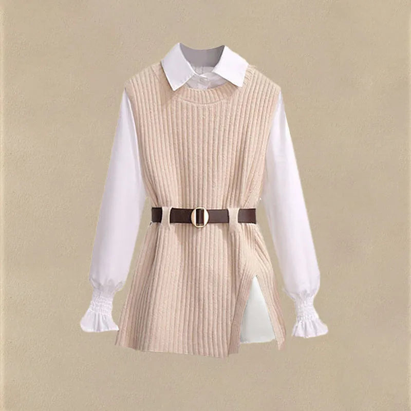 Korean Style Autumn Women's 3-Piece Outfit - Chiffon Shirt, Knitted Sweater & Jeans Set, Elegant Tracksuit for Casual Wear | Office, Dating & Fall Fashion