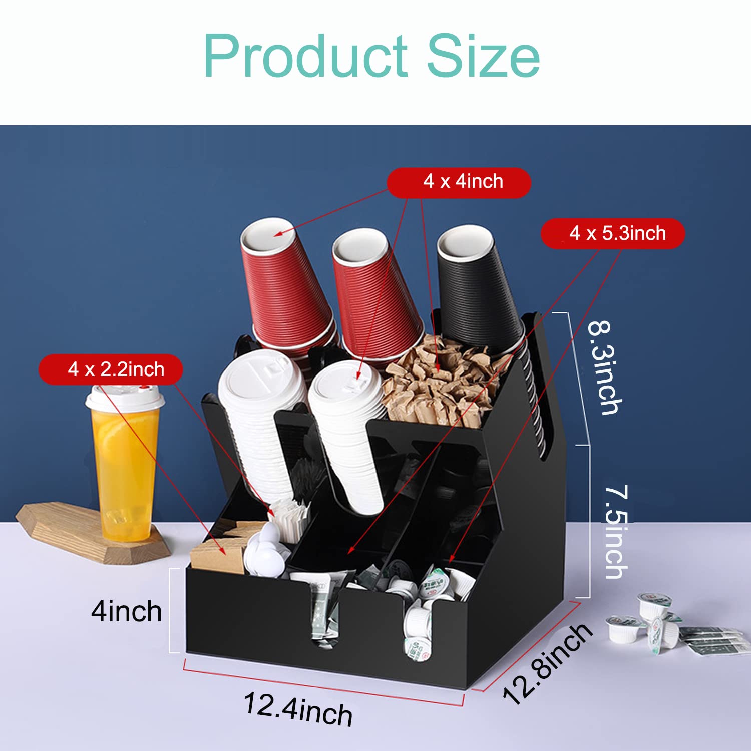 10-Compartment Commercial Coffee Condiment & Cup Organizer - Large Coffee Cup and Lid Holder for Breakroom, Coffee & Milk Tea Shop (Black) - Perfect for Organizing Coffee Stations & Drink Accessories