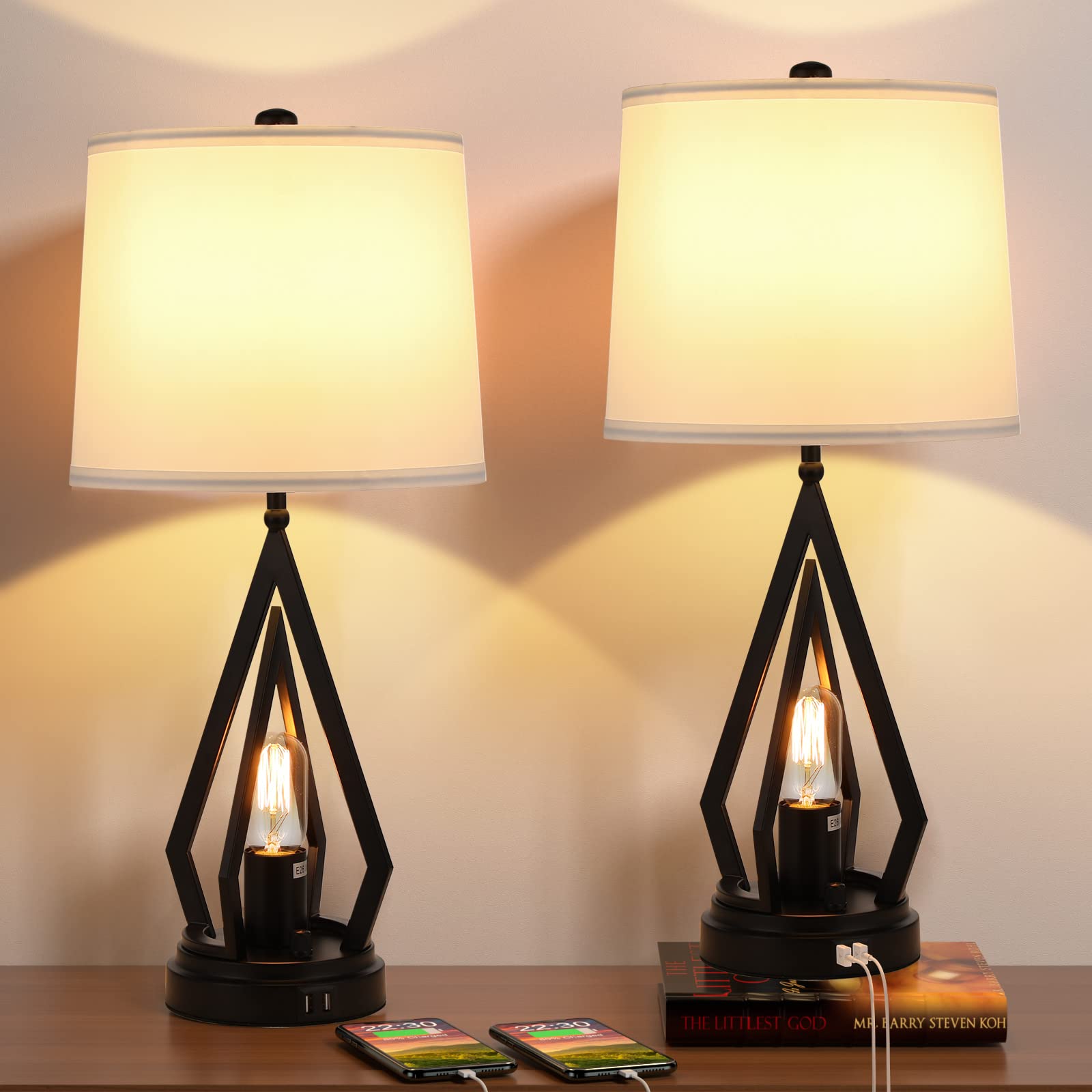 Farmhouse Table Lamps Set of 2 with USB Ports - Black Nightstand Lamps for Bedroom & Living Room, Includes 4 LED Bulbs - Perfect for Bedside End Tables, Reading Nooks & Cozy Home Decor