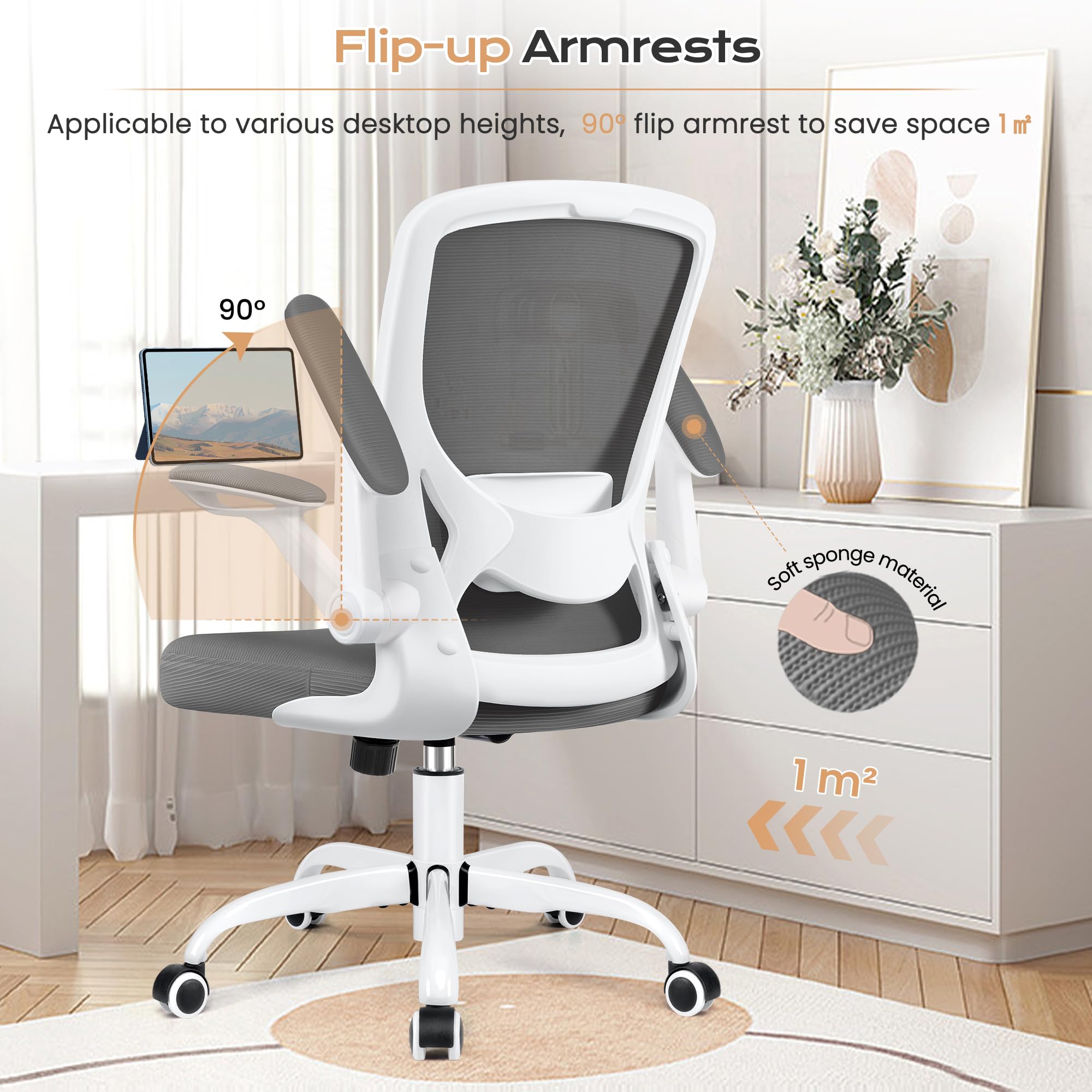 KERDOM Ergonomic Office Chair with Lumbar Support - Adjustable Height Mesh Computer Chair with Wheels & Flip-Up Arms - Swivel Task Chair for Home, Gaming & Workspaces - Perfect for Long Hours of Work or Gaming