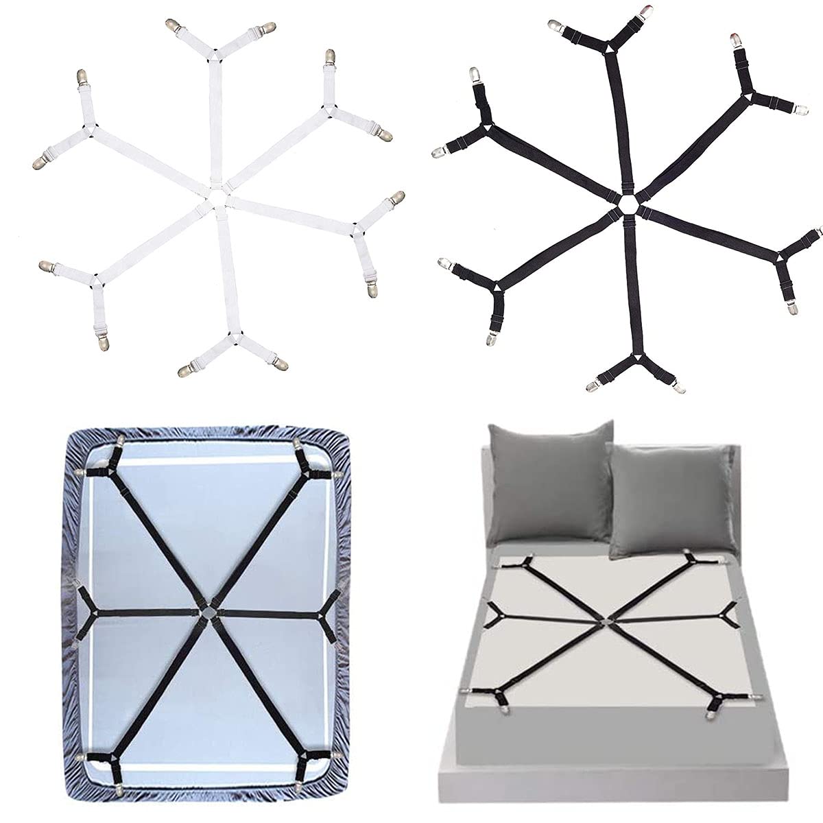 Adjustable Elastic Bed Sheet Straps for Queen/King Beds - Secure Fit for Round & Square Mattresses - Home & Travel Use