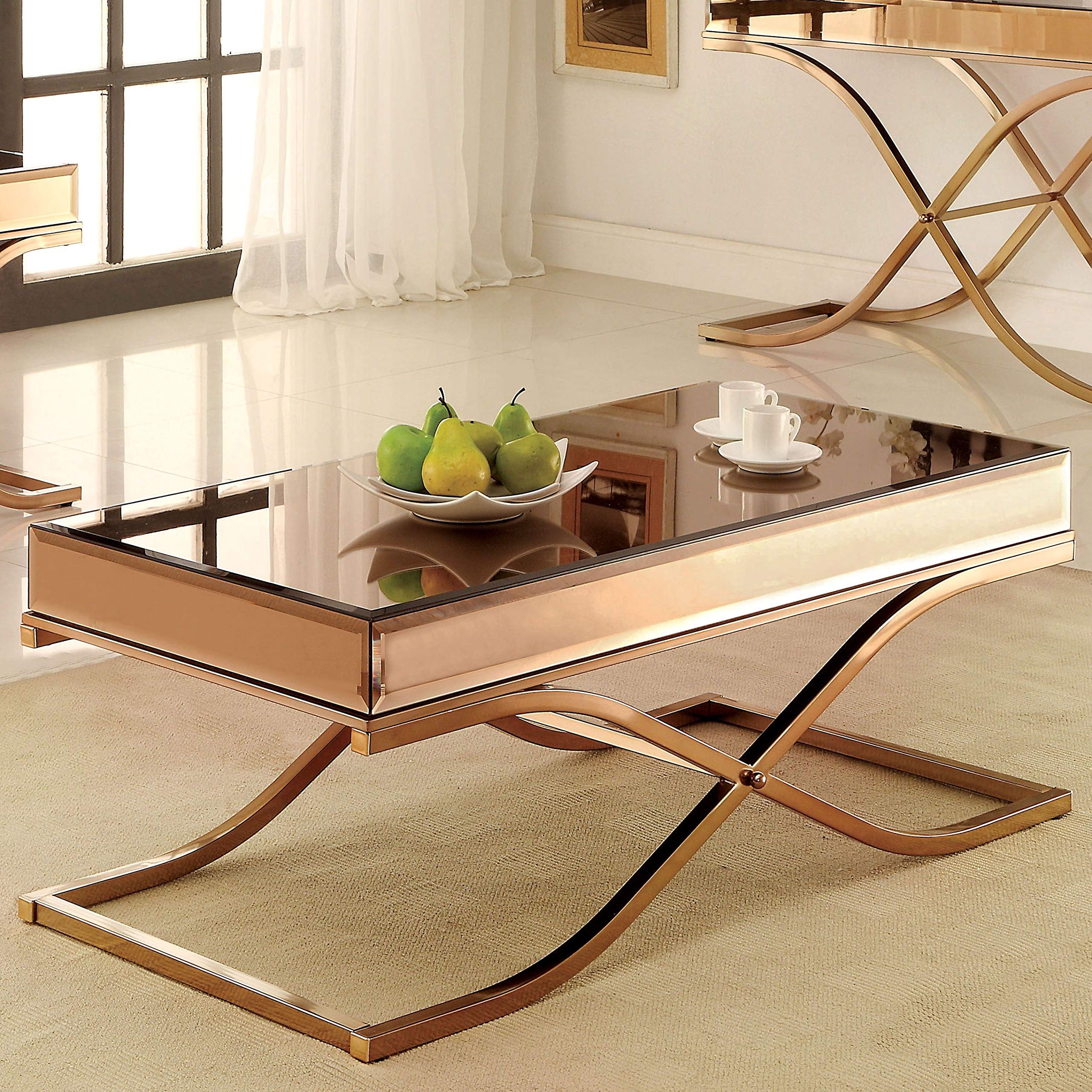 Luxury Gold Copper Metal Coffee Table - Modern Contemporary Urban Rectangle Glass Top with Hardware - Perfect for Living Room, Lounge & Office Decor