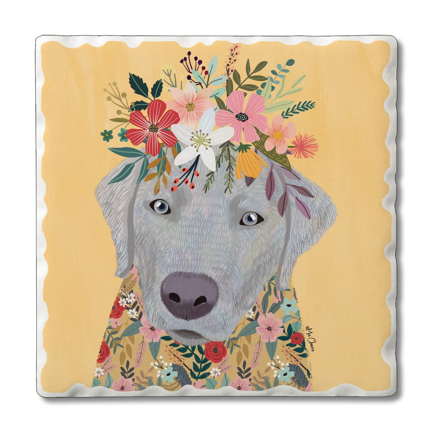 First Dawn Absorbent Stone Coasters Set of 4 - Floral Weimaraner Pet Design Tumbled Tile Drink Coasters for Coffee Tables, Bars & Home Decor
