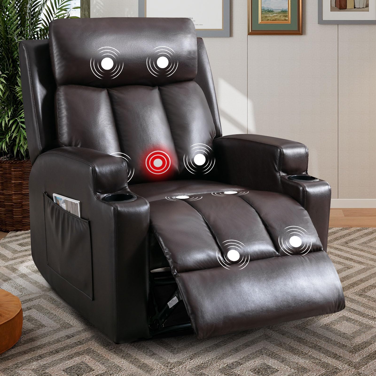 Phoenix Home Manual Recliner Chair with Massage & Heat - Ergonomic Overstuffed Fabric Recliner with Side Pockets, Cup Holders & Remote Control - Perfect for Living Room & Bedroom Relaxation (Brown)