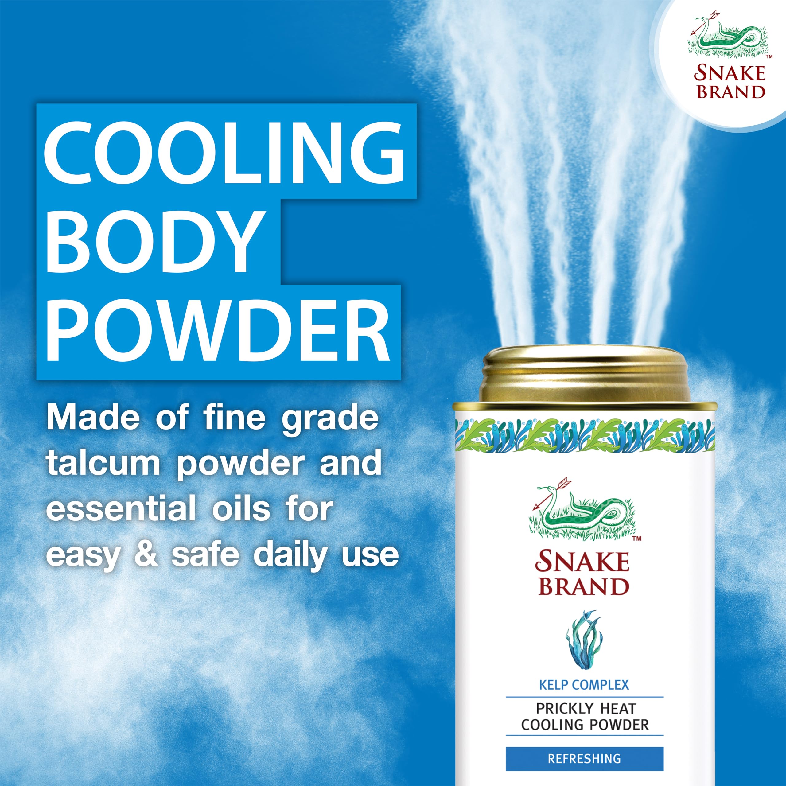 Snake Brand Prickly Heat Cooling Powder - Anti-Chafing & Heat Rash Relief with Ocean Fresh Kelp Scent (4.9 Oz / 140g) | Talcum Powder for Men & Women, Summer Body Powder for Sweat & Irritation Prevention, Gym & Outdoor Activities