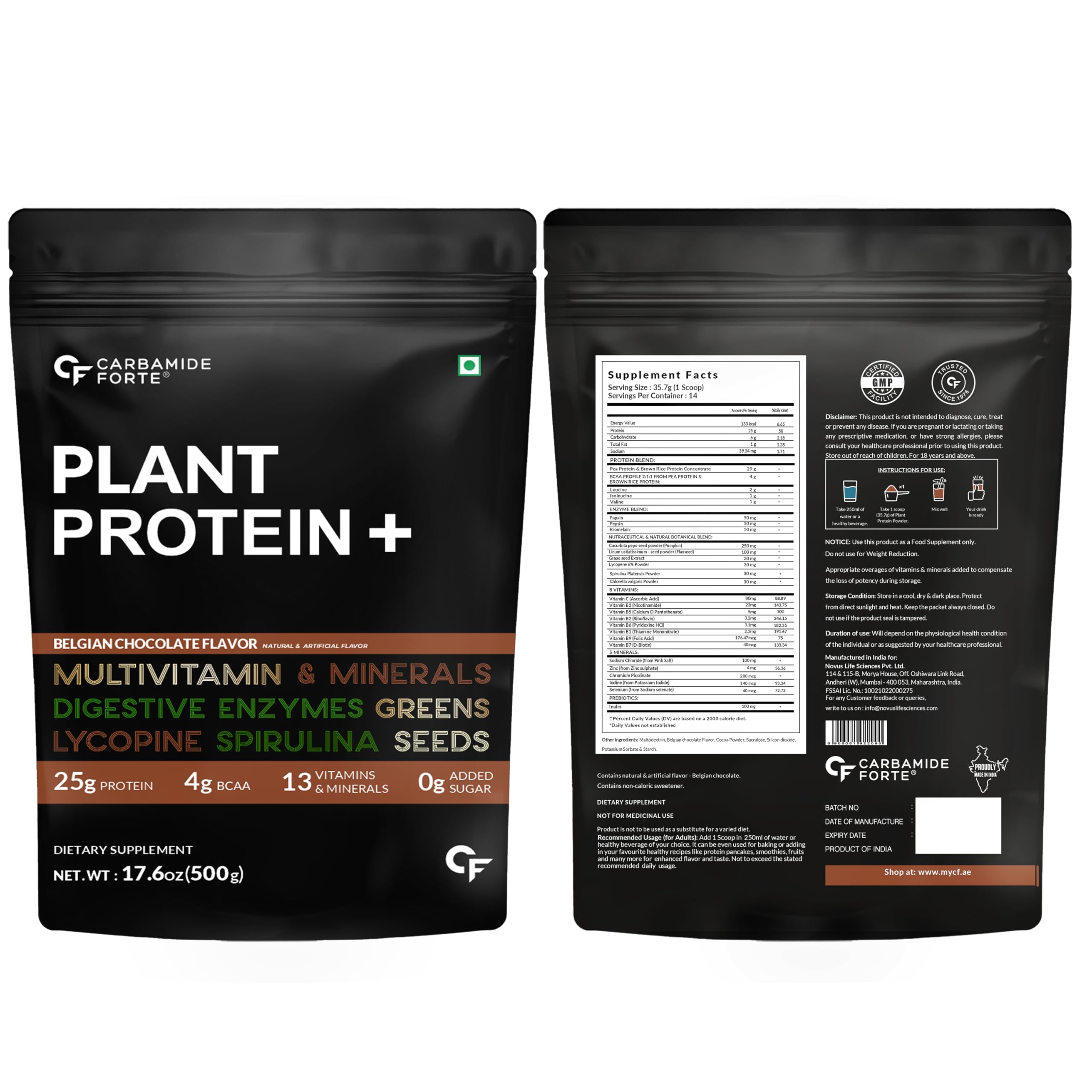 Carbamide Forte Plant Protein Powder - Vegan Protein Powder with Multivitamins, Minerals, Superfoods, Pea Protein & Digestive Enzymes | Belgian Chocolate Flavor (500g) for Muscle Recovery & Healthy Lifestyle