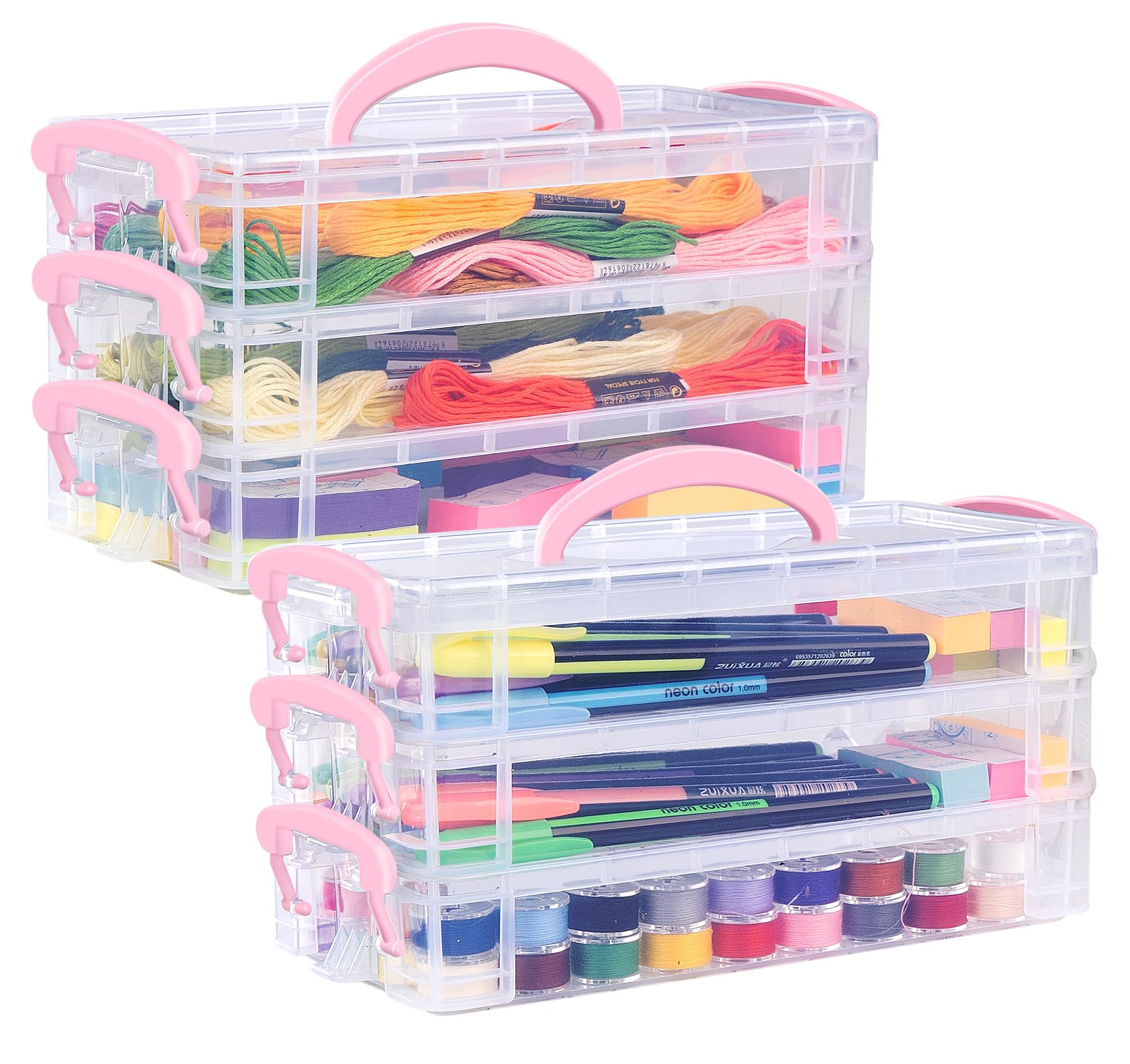 2-Pack Stackable Plastic Storage Bins with Latching Lids & Handles - 3-Tier Organizer Box for Stationery, Jewelry Tools, Art Supplies - Perfect for Home, Office & Craft Room Organization