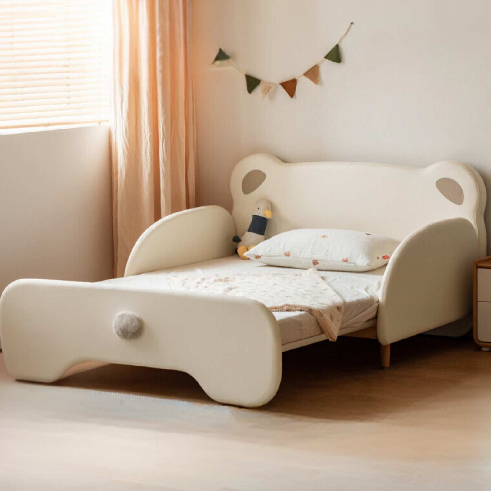 Organic Birch Solid Wood Retractable Kids Bed with Genuine Leather - Perfect for Toddler Rooms, Daycare Centers & Small Spaces