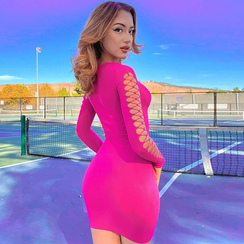Black Hollow Out Sexy Mini Dress for Women - 2023 Spring New O-Neck Long Sleeve Bodycon Club Party Short Dress | Perfect for Night Out, Date Night, and Special Occasions
