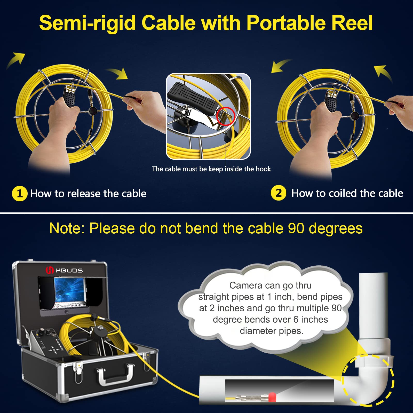 **7 Inch LCD Pipe Inspection Camera with 1000TVL HD Resolution - Waterproof IP68 Snake Video System for Drain, Sewer & Industrial Pipeline - Ideal for Plumbing, HVAC & Maintenance Professionals**