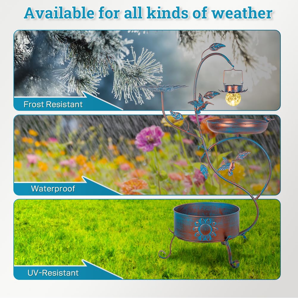 Dreamysoul Outdoor Metal Bird Bath with Planter & Feeder - Solar-Powered Garden Birdbath for Bluebirds | Perfect for Backyard Decor & Wildlife Attraction