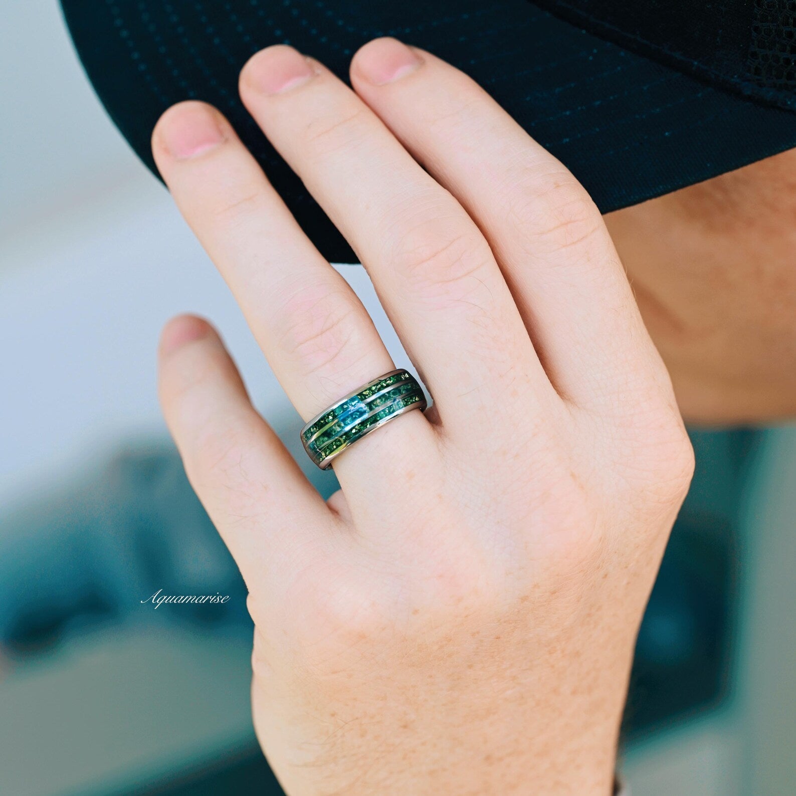 Hexagon Emerald & Moss Agate Couple Rings - Matching Wedding Bands for Him & Her - Dainty Stackable Promise Rings for Anniversary, Engagement & Everyday Wear