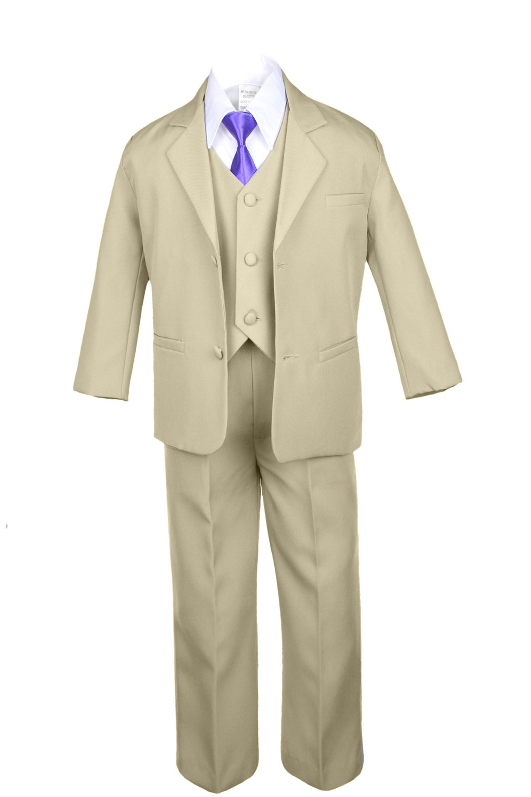 6-Piece Boys' Khaki Vest Set with Satin Purple Necktie - Formal Tuxedo Suits for Baby to Teen - Perfect for Weddings, Parties & Special Occasions