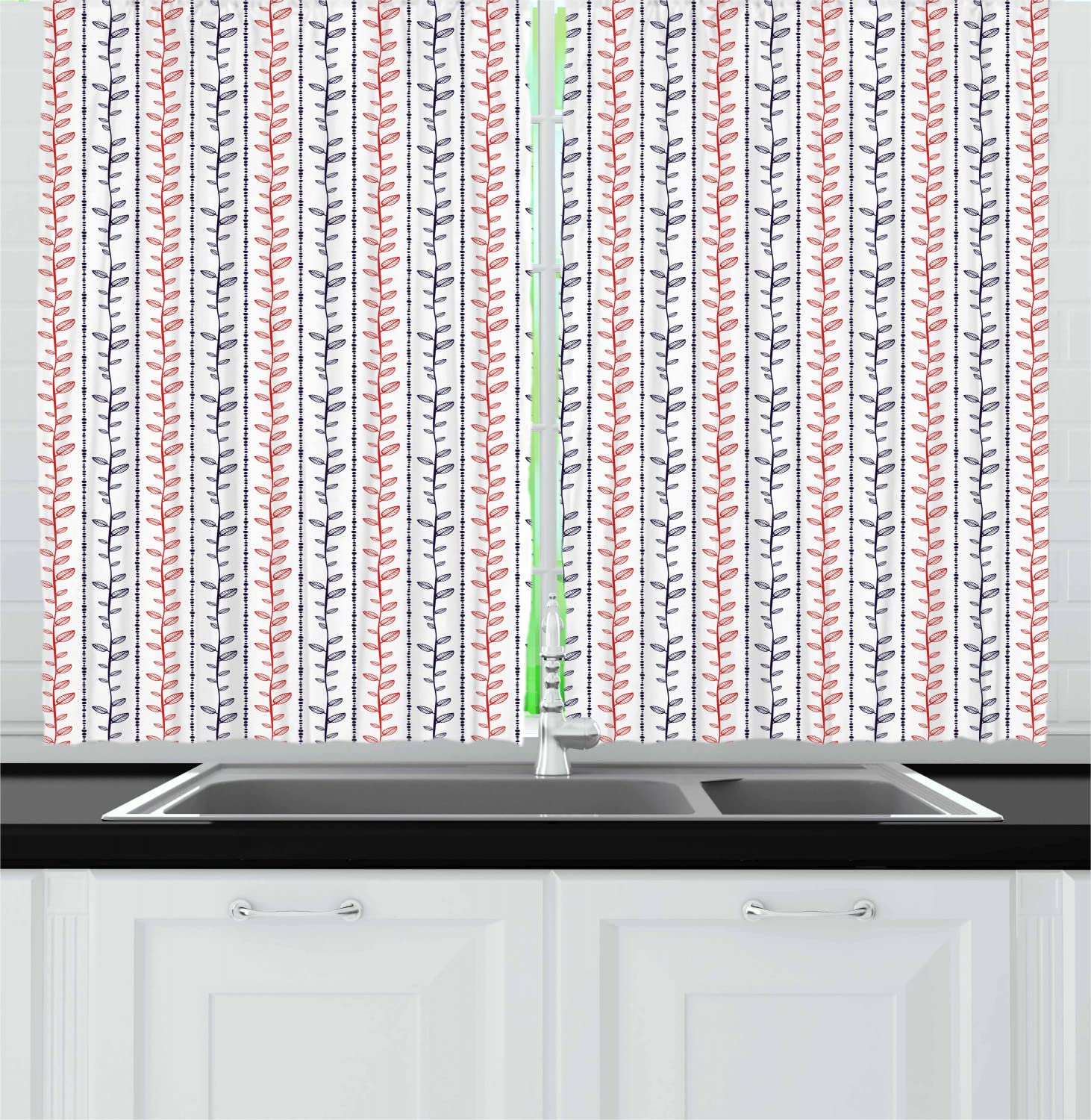 Ambesonne Hand Drawn Leaves & Branches Kitchen Curtains - 55