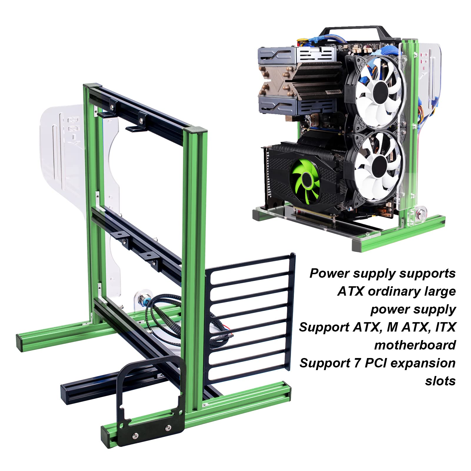 **Dpofirs ATX Computer Open Air Case Bracket - Mini ITX, Micro ATX, ATX PC Aluminum Test Bench, Vertical Overclocking Open Frame, Full Naked Heat Dissipation (Green & Black) - Ideal for PC Builders, Gamers, and Overclocking Enthusiasts**