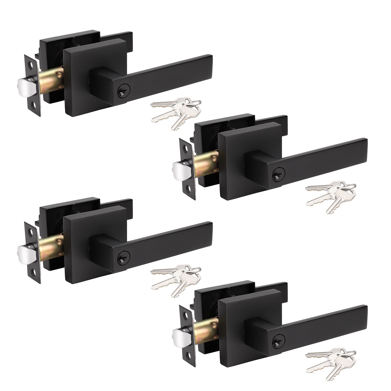 KNOBWELL 4 Pack Black Exterior Door Handles with Keyed Lock - Heavy Duty 2.13 lb Square Door Levers (Same Key) - Perfect for Modern Homes, Offices & Commercial Buildings