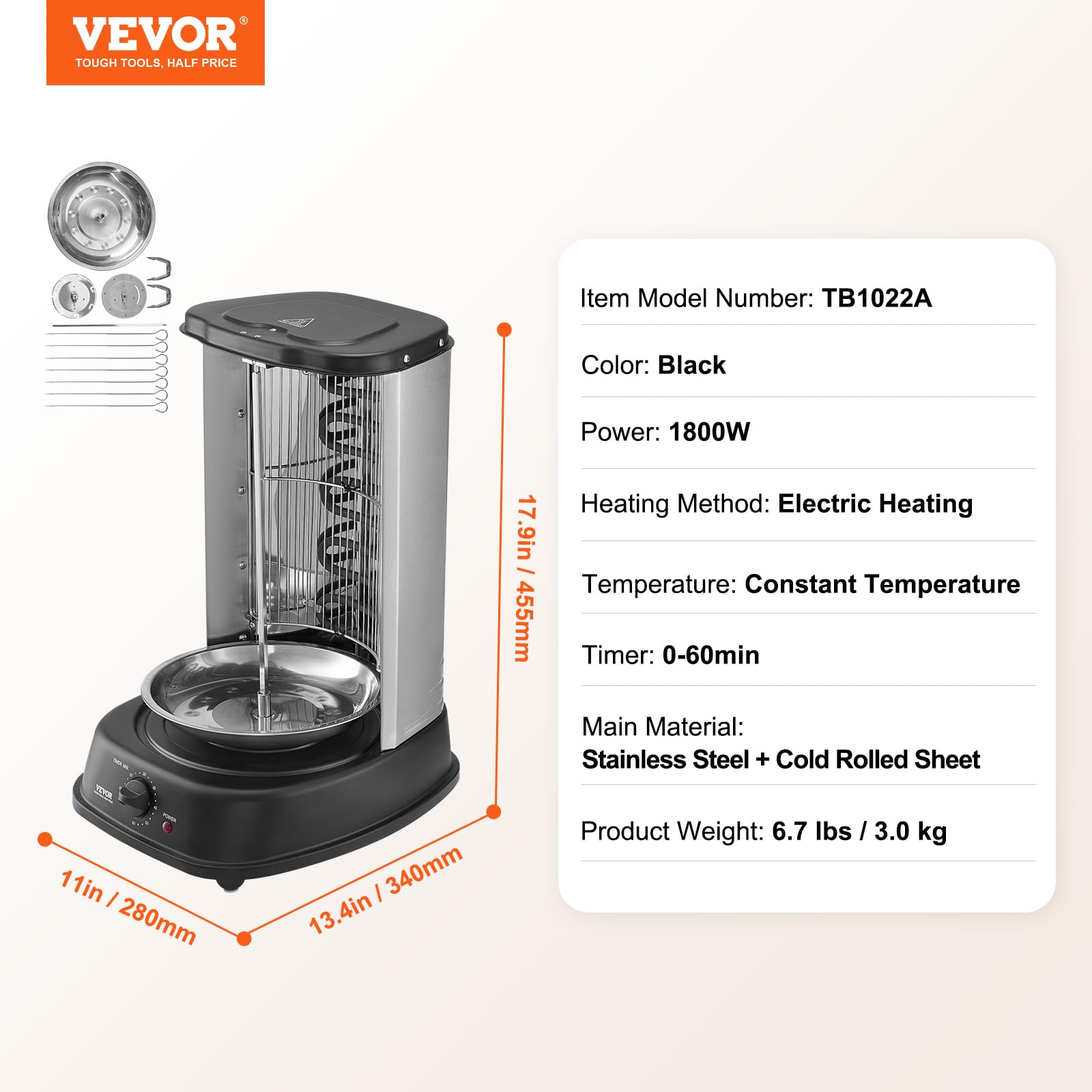 VEVOR Electric Stainless Steel Shawarma Grill Machine - Vertical Chicken Gyro Rotisserie Oven for Doner Kebab, Home & Restaurant Use - Perfect for Kitchen Countertop, Parties & Outdoor Events