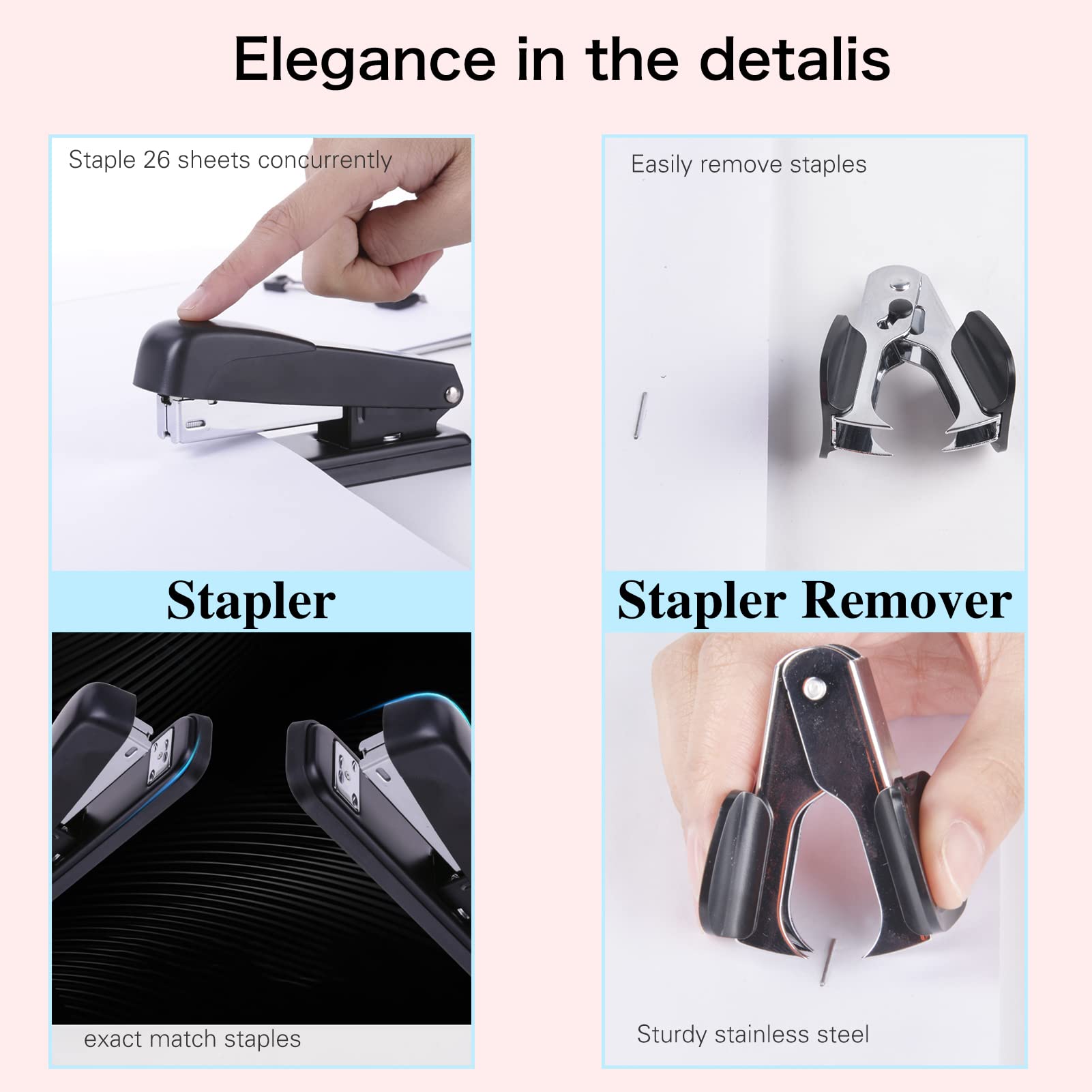 ChezMax Black Office Desk Organizer Set - 15-Piece Stapler, Staple Remover, Tape Dispenser, Scissors, Push Pins, Paper Clips & More - Perfect for Home Office, School & Workplace Organization